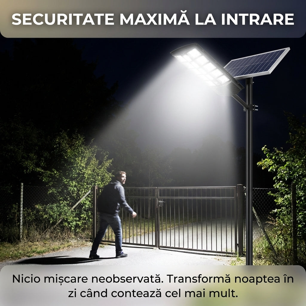 Lampă Solară Stradală LED 200W cu 12 Casete, Senzor de Mișcare și Lumină, 3 Moduri, Telecomandă