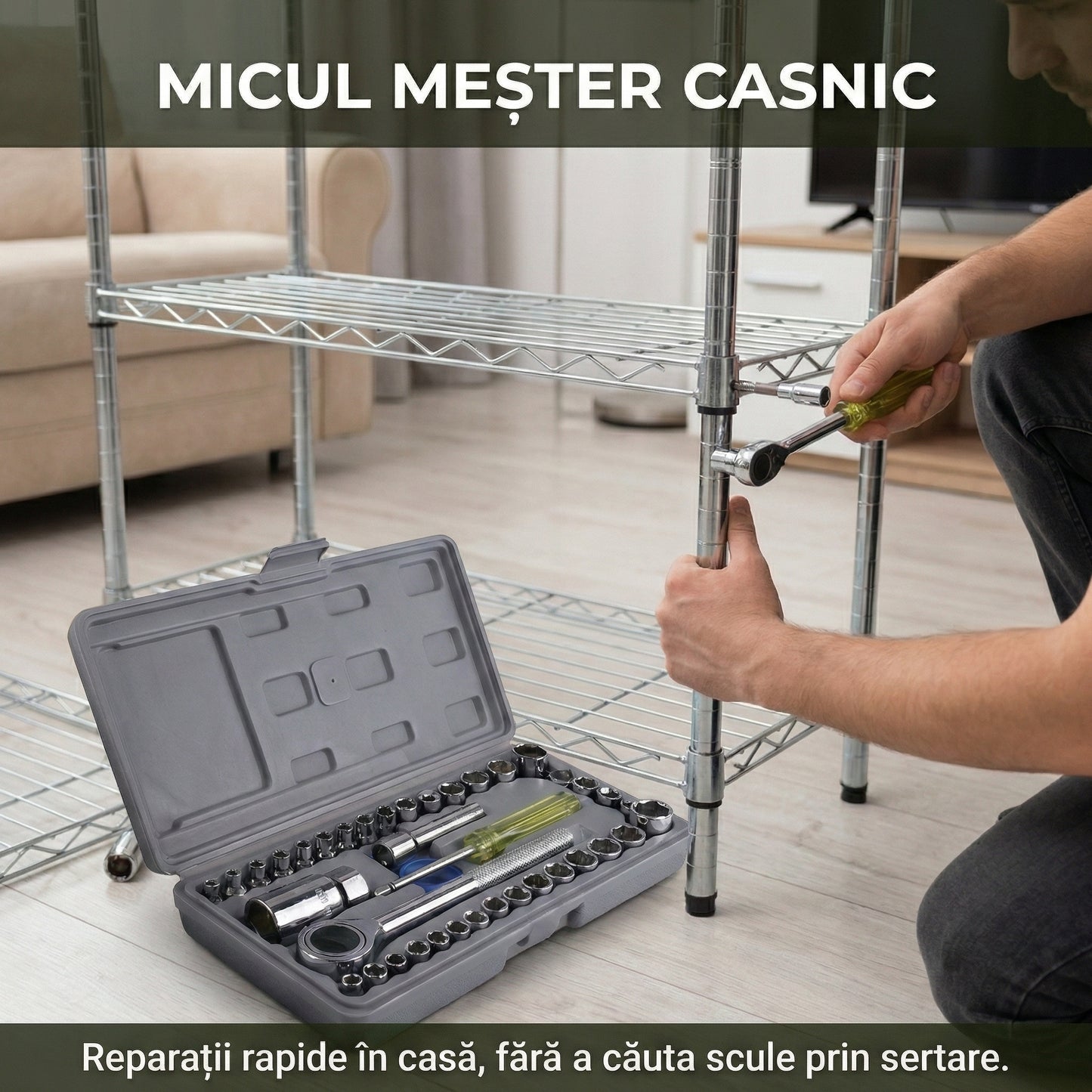 Trusă Chei Tubulare 40 Piese - Set Complet Metric & SAE cu Clichet Reversibil 3/8" și Cutie Transport