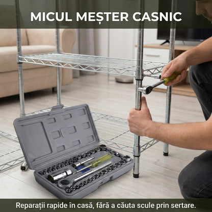 Trusă Chei Tubulare 40 Piese - Set Complet Metric & SAE cu Clichet Reversibil 3/8" și Cutie Transport