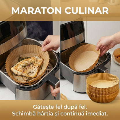 Set 100 Bucăți Hârtie de Copt pentru Friteuză cu Aer Cald (Air Fryer), Unică Folosință, Antiaderentă, 20cm