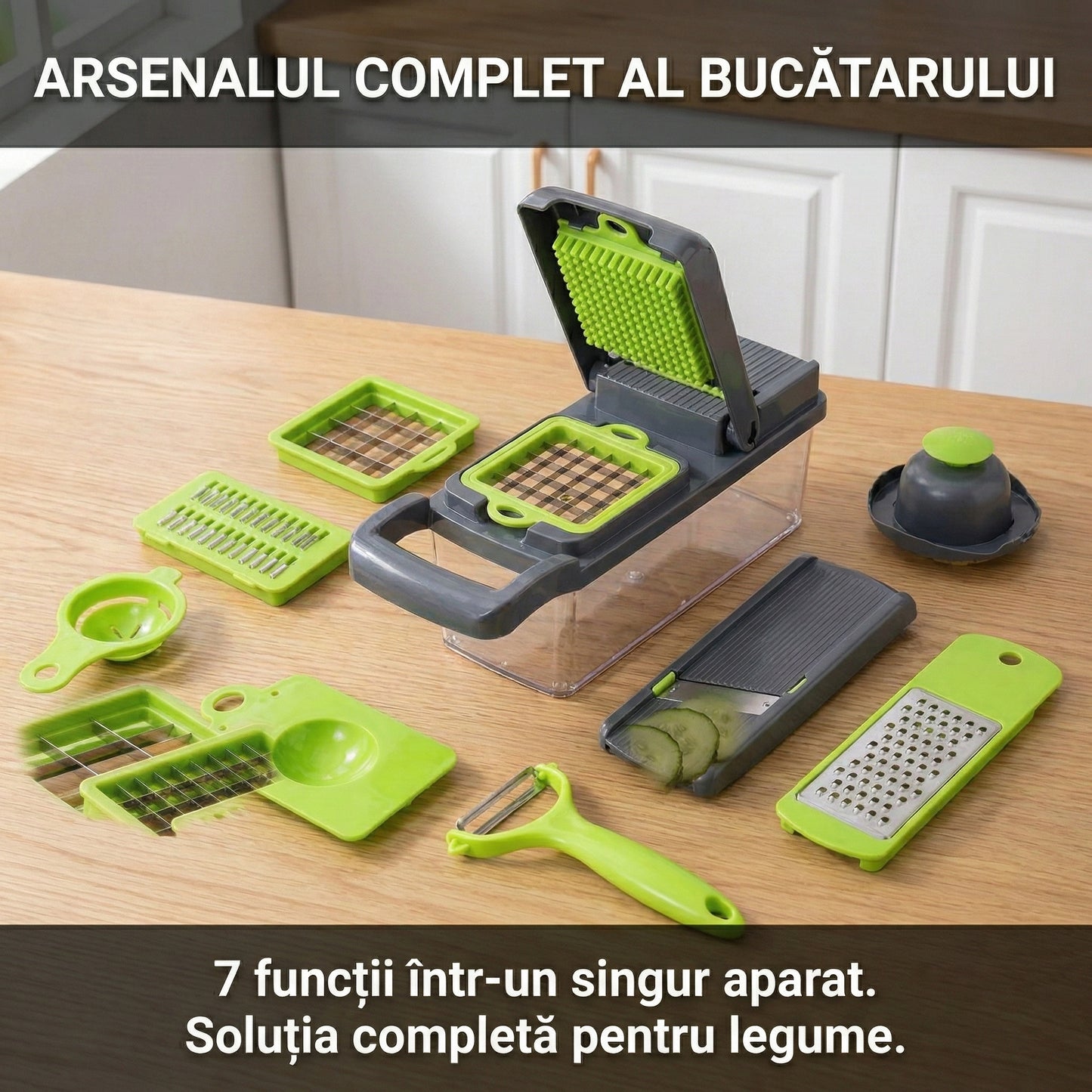 Tocător Multifuncțional Legume & Fructe cu Recipient Colector - Mandolină Manuală pentru Feliere, Răzuire & Cuburi