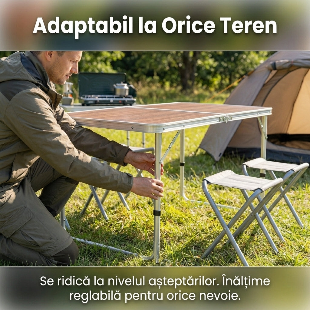 Set Masă Camping Pliabilă Tip Valiză cu 4 Scaune, Cadru Aluminiu, Blat MDF Impermeabil, Reglabilă pe Înălțime, Aspect Lemn