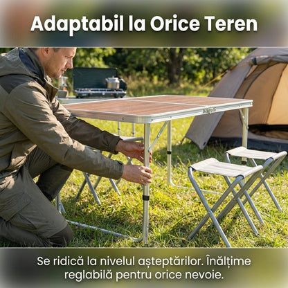 Set Masă Camping Pliabilă Tip Valiză cu 4 Scaune, Cadru Aluminiu, Blat MDF Impermeabil, Reglabilă pe Înălțime, Aspect Lemn