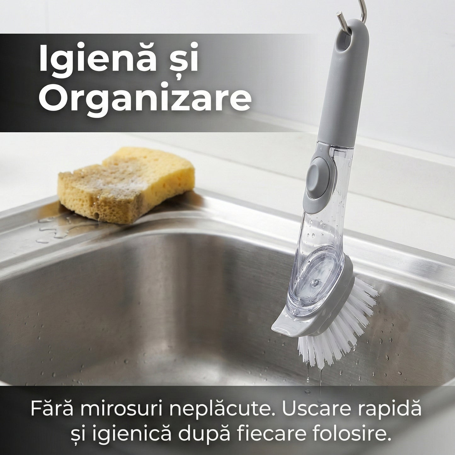 Perie de Curățare 2-în-1 pentru Bucătărie cu Dozator de Detergent și Răzuitor, Mâner Lung Antiderapant