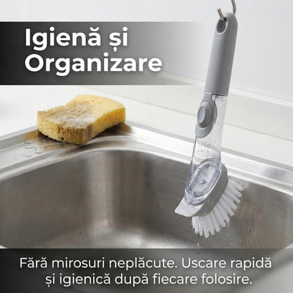 Perie de Curățare 2-în-1 pentru Bucătărie cu Dozator de Detergent și Răzuitor, Mâner Lung Antiderapant