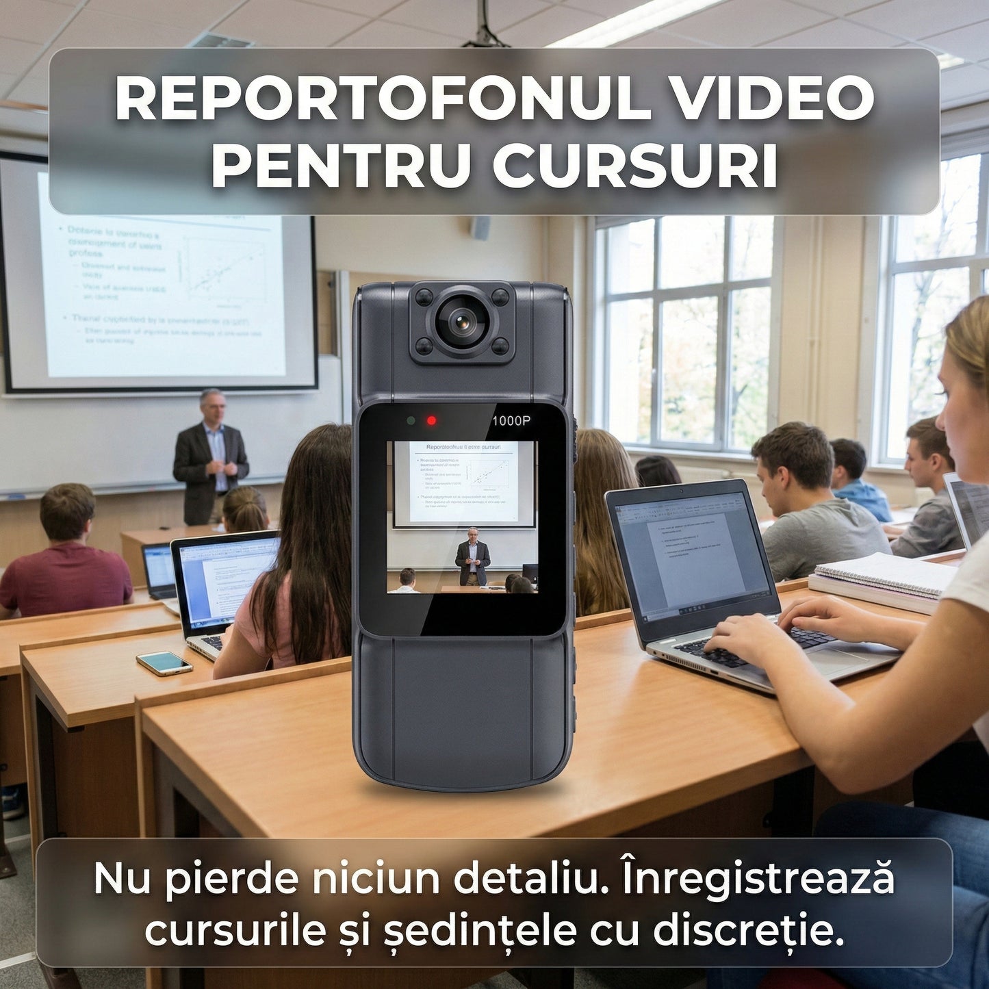 Mini Cameră Video Portabilă "Body Cam" cu WiFi, Ecran LCD, Lentilă Rotativă 180°, 1080P, Night Vision, Baterie 1000mAh