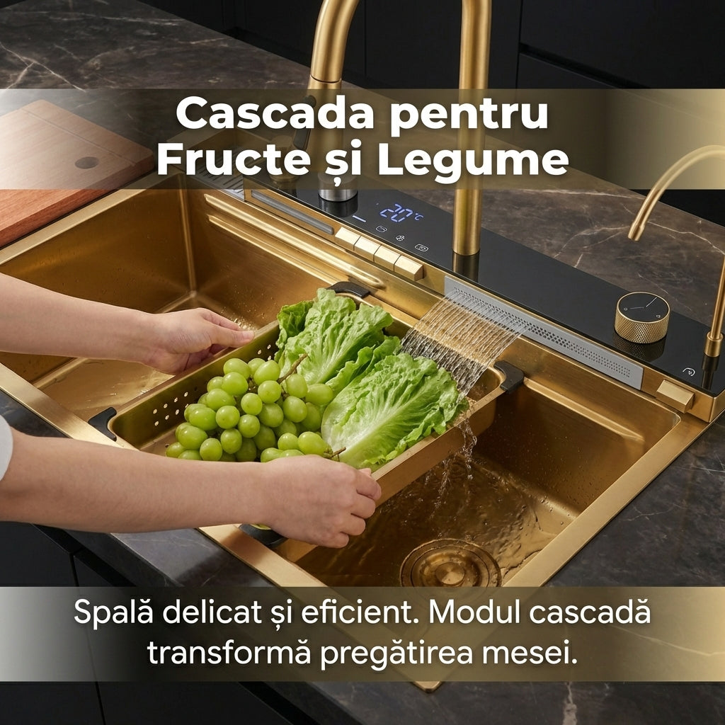 Chiuvetă de Bucătărie Multifuncțională Aurie din Inox, Afișaj Digital Hidro-Activat, Baterie Cascadă și Spălător Pahare, 75cm