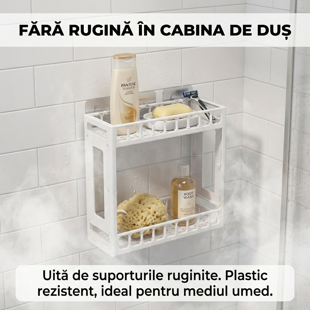 Etajeră de Baie din Plastic cu 2 Niveluri, Organizator Versatil Perete sau Blat, 31x33x11 cm