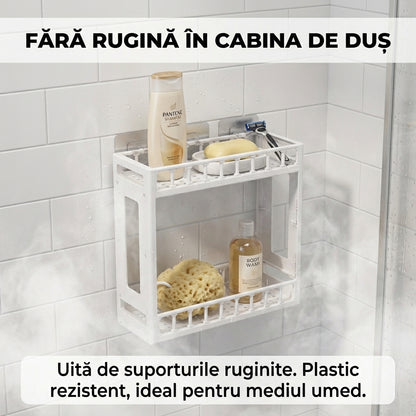 Etajeră de Baie din Plastic cu 2 Niveluri, Organizator Versatil Perete sau Blat, 31x33x11 cm