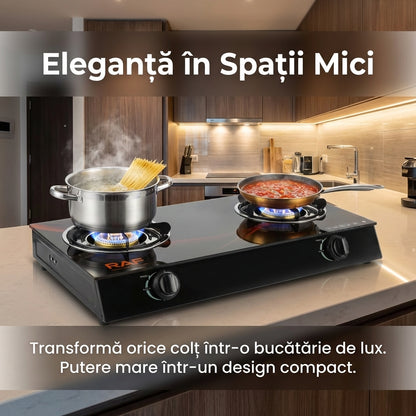 Aragaz de Masă Dublu R.8051, Sticlă Călită Neagră, Aprindere Electronică, 2 Arzătoare