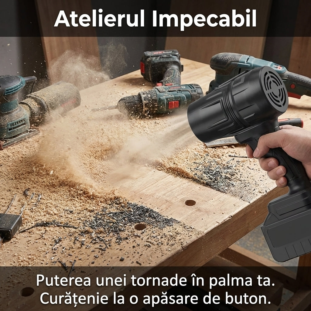 Suflantă Turbo "Jet Fan" Portabilă - Putere 550g, Uscare Auto & Curățare Zăpadă + 2 Acumulatori 48v