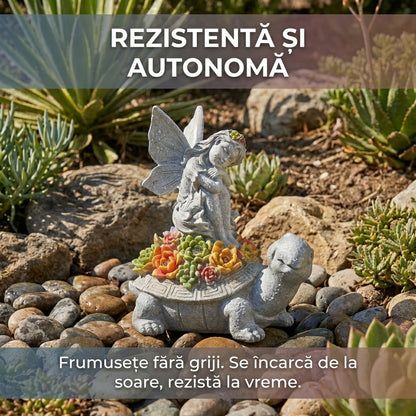 Decorațiune Solară de Grădină: Figurină Zână pe Broască Țestoasă, Rășină, Lumini LED Florale, Design de Basm