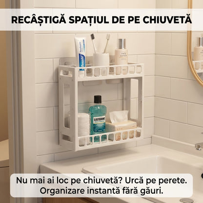 Etajeră de Baie din Plastic cu 2 Niveluri, Organizator Versatil Perete sau Blat, 31x33x11 cm