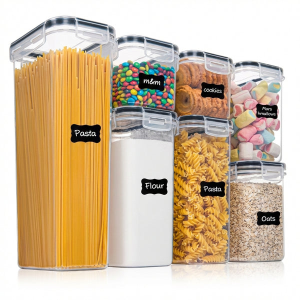 Set 7 Recipiente Alimentare Hermetice - Organizatoare Bucătărie din Plastic Fără BPA, Etichete & Marker Incluse