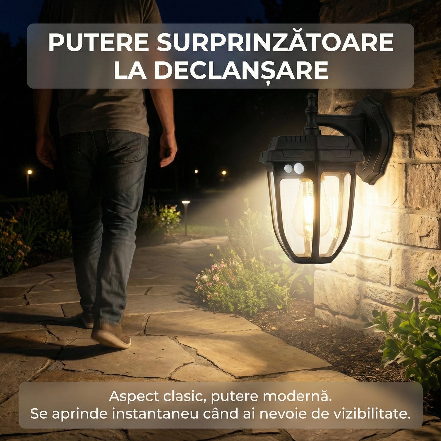 Lampă Solară Tip Felinar 18W, Senzor de Mișcare, 1200mAh, 1200 Lumeni, Suport Inclus, Negru