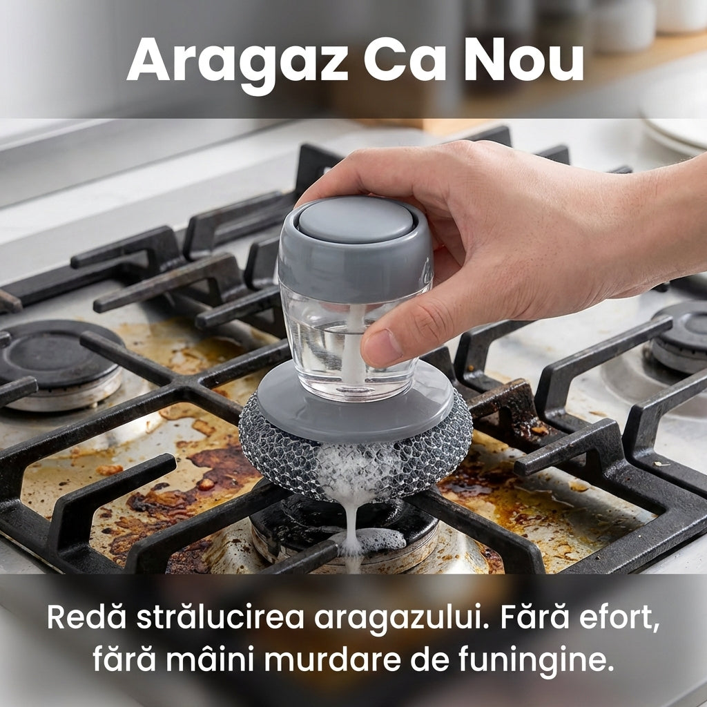 Perie de Curățare Vase cu Dozator Automat de Detergent și Burete din Sârmă de Oțel, Tip Presă