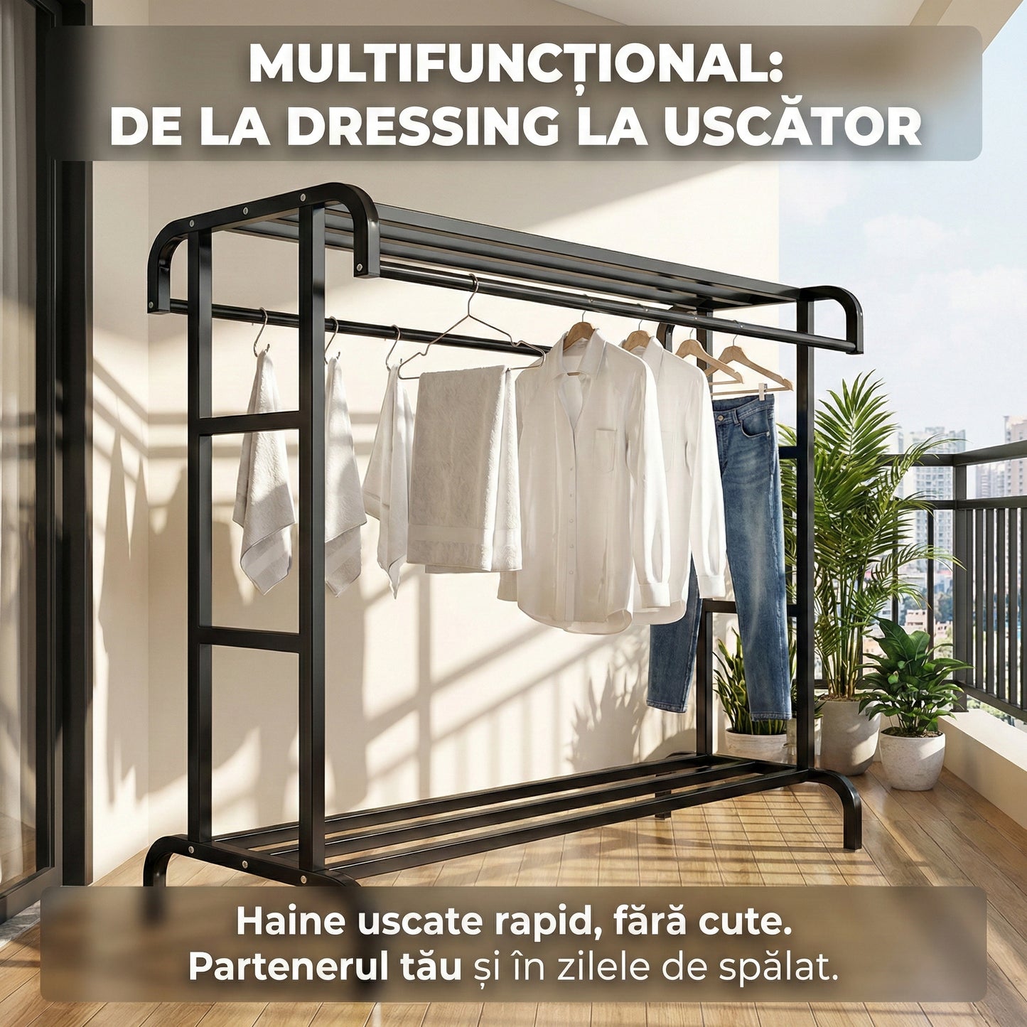 Stender Metalic Vertical pentru Haine și Uscare, Cadru Solid Îngroșat, 150x70x50 cm, Negru