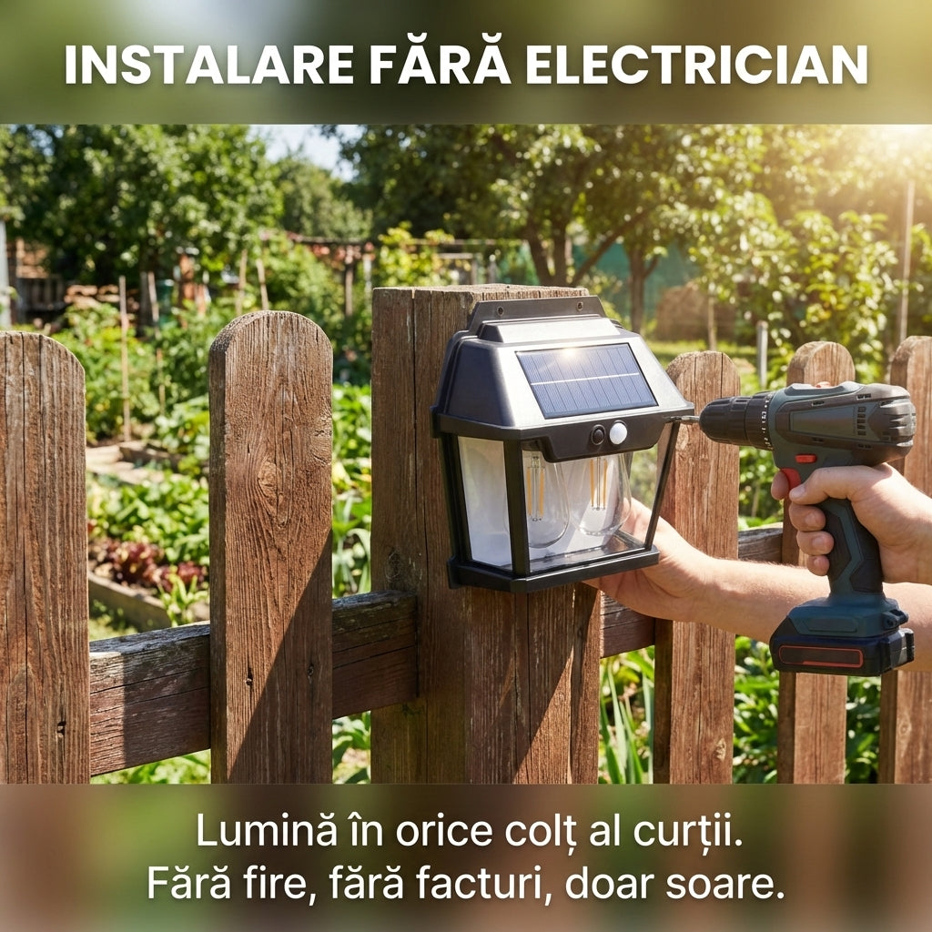 Lampă Solară de Perete Stil Vintage cu LED Tungsten, Senzor de Mișcare, Lumină Caldă, 3 Moduri, IP65