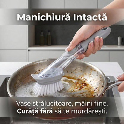 Perie de Curățare 2-în-1 pentru Bucătărie cu Dozator de Detergent și Răzuitor, Mâner Lung Antiderapant