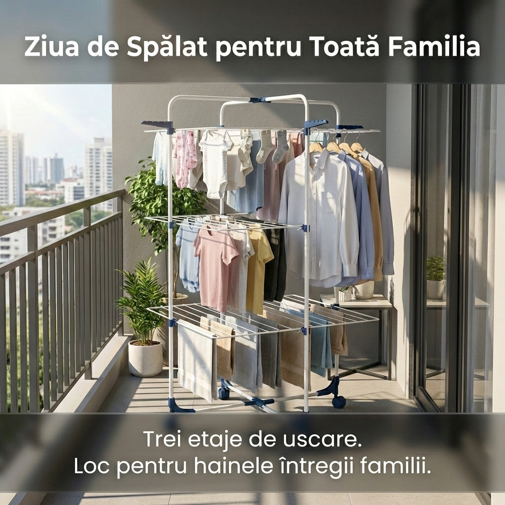 Uscător de Rufe Vertical Dublu Pliabil , 3 Niveluri, Capacitate 30 kg, Portabil, Alb