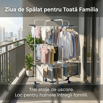 Uscător de Rufe Vertical Dublu Pliabil , 3 Niveluri, Capacitate 30 kg, Portabil, Alb