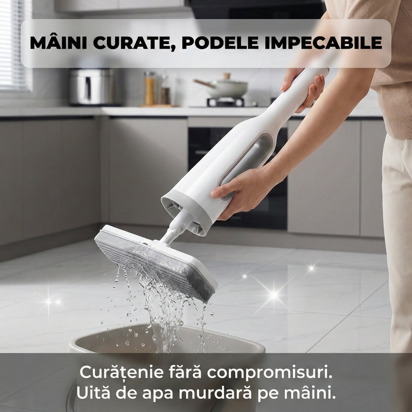 Mop cu Cap Dreptunghiular Family Helper, Sistem de Stoarcere Integrat, Rotire 180°, Lavetă Inclusă, Gri