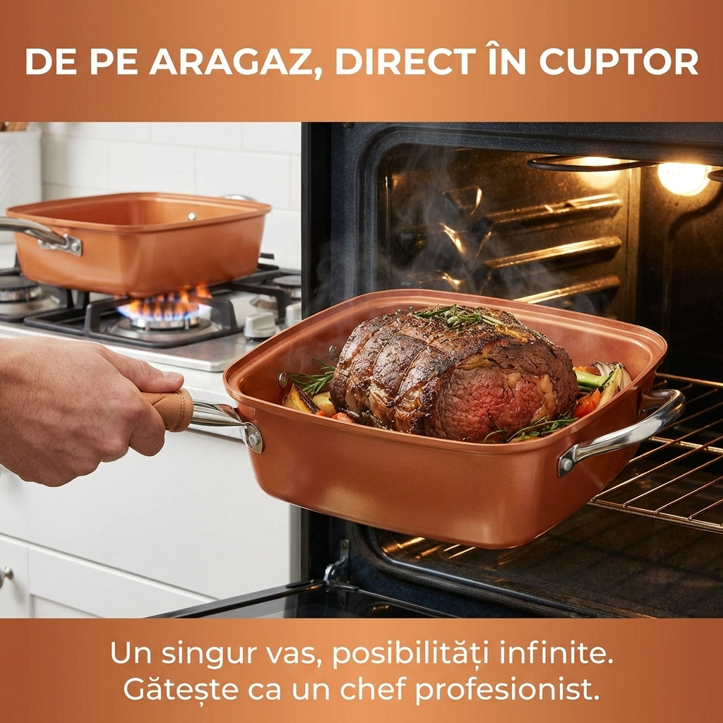 Set Tigaie Pătrată Multifuncțională 5-în-1, Ceramică Antiaderentă, Compatibilă Inducție și Cuptor, 24cm