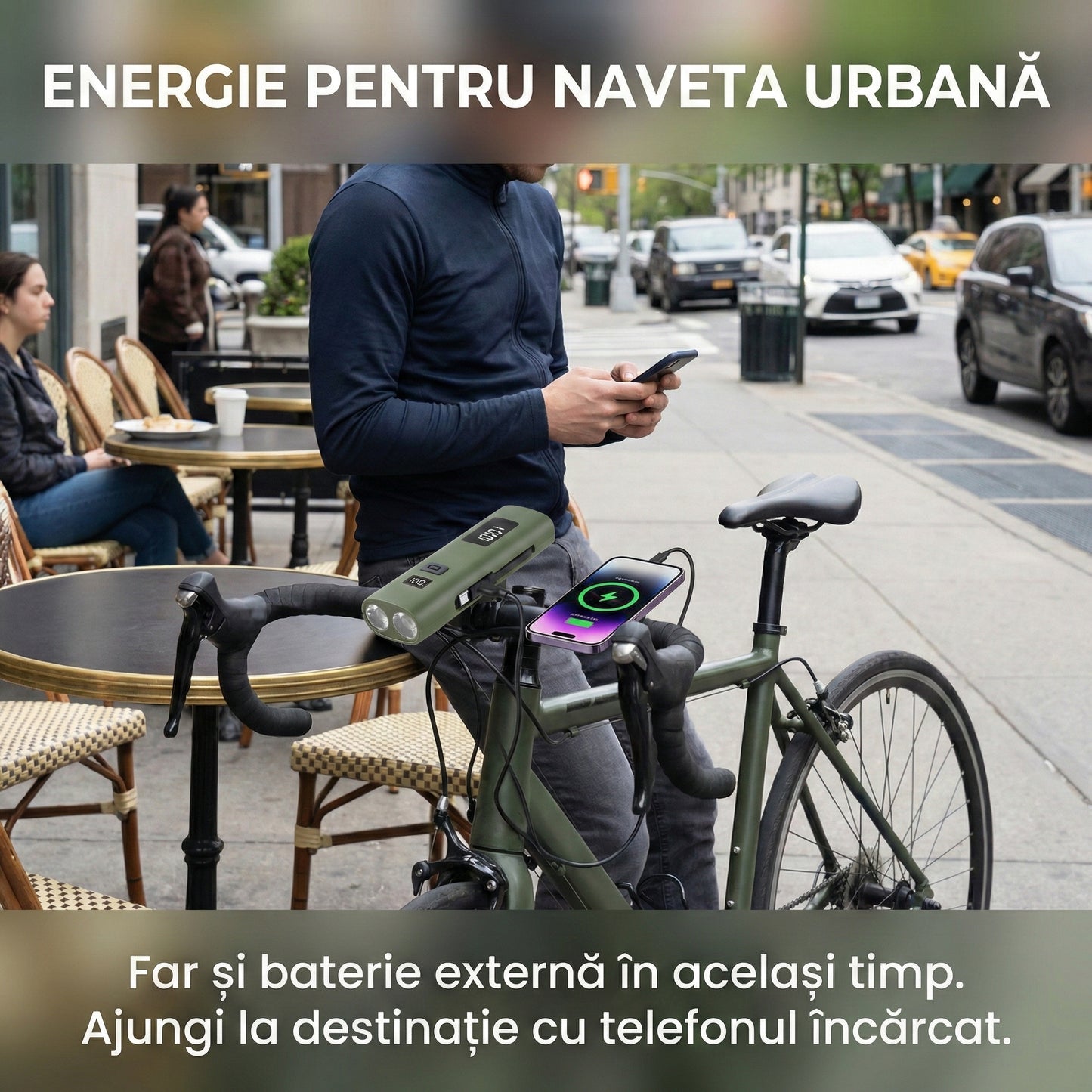 Far LED Bicicletă 3-în-1 cu Power Bank 3000mAh, Afișaj Digital, Încărcare USB-C și Funcție Lanternă, Verde Militar