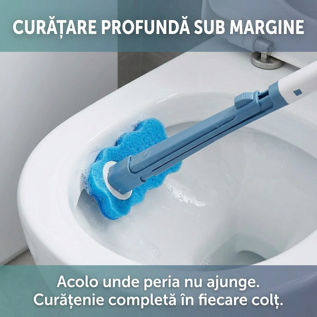 Set Perie WC Igienică de Unică Folosință, Mâner Lung, Suport Depozitare + 8 Rezerve de Curățare, Alb/Albastru