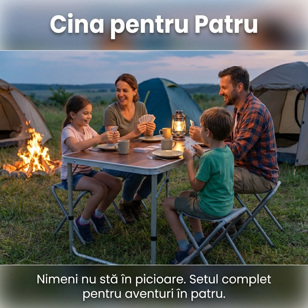 Set Masă Camping Pliabilă Tip Valiză cu 4 Scaune, Cadru Aluminiu, Blat MDF Impermeabil, Reglabilă pe Înălțime, Aspect Lemn