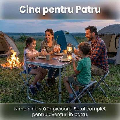 Set Masă Camping Pliabilă Tip Valiză cu 4 Scaune, Cadru Aluminiu, Blat MDF Impermeabil, Reglabilă pe Înălțime, Aspect Lemn