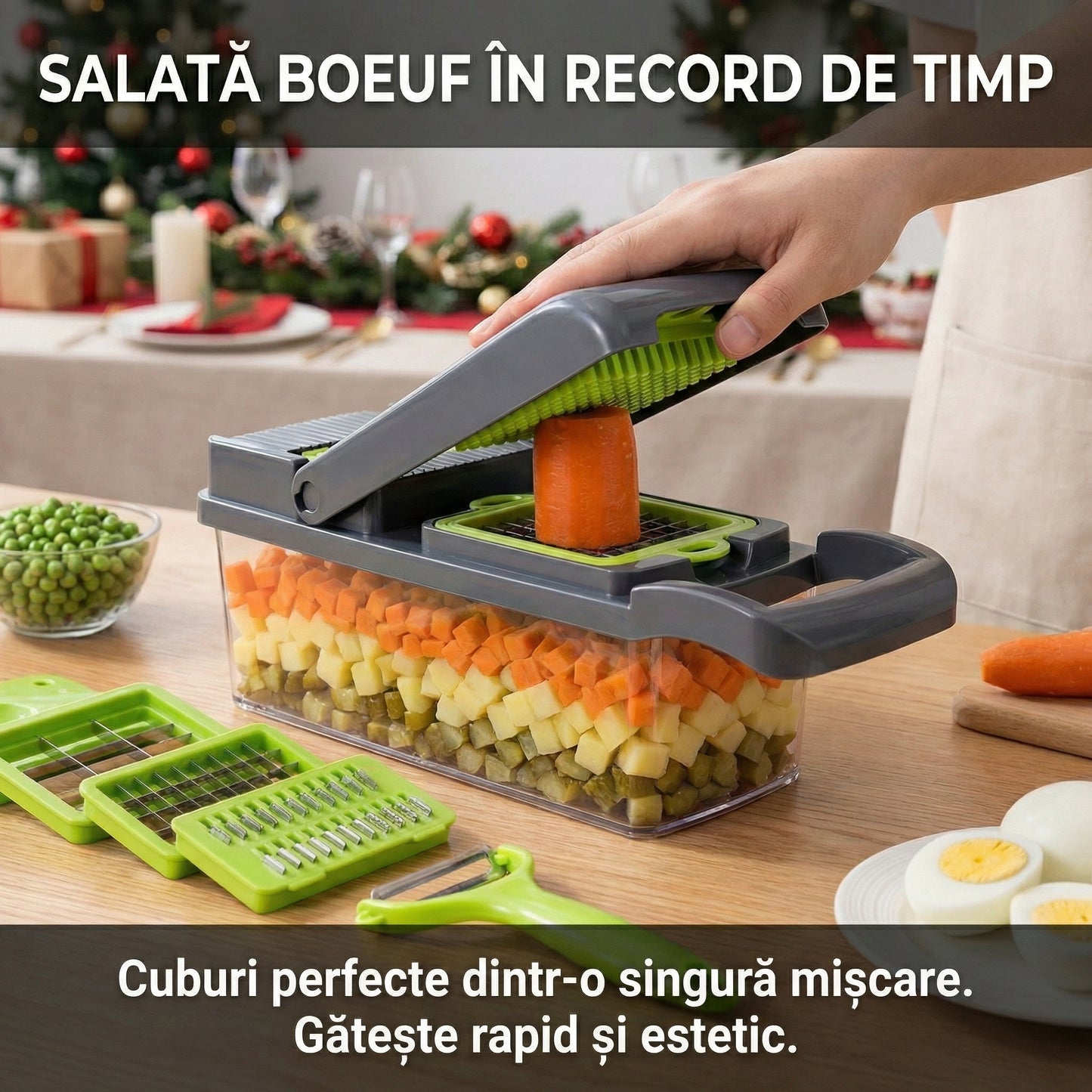 Tocător Multifuncțional Legume & Fructe cu Recipient Colector - Mandolină Manuală pentru Feliere, Răzuire & Cuburi