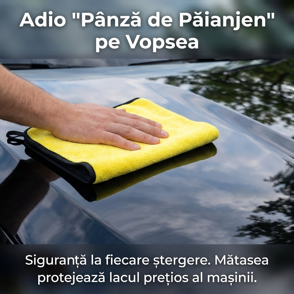 Lavetă Auto Premium din Microfibră cu Margini de Mătase, 30x45 cm, Anti-Zgârieturi și Fără Scame, Galben
