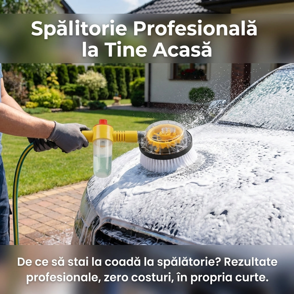 Perie Rotativă Automată pentru Spălare Auto, 360°, Dispenser Spumă, Mâner Telescopic 100cm, Microfibră Chenille, Galben