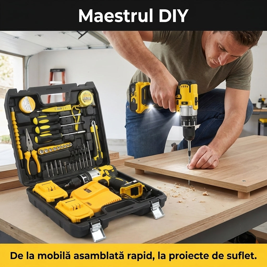 Set Bormașină Electrică 21V cu Percuție & 2 Acumulatori - Trusă Completă 32 Piese cu Mandrină Metalică 13mm