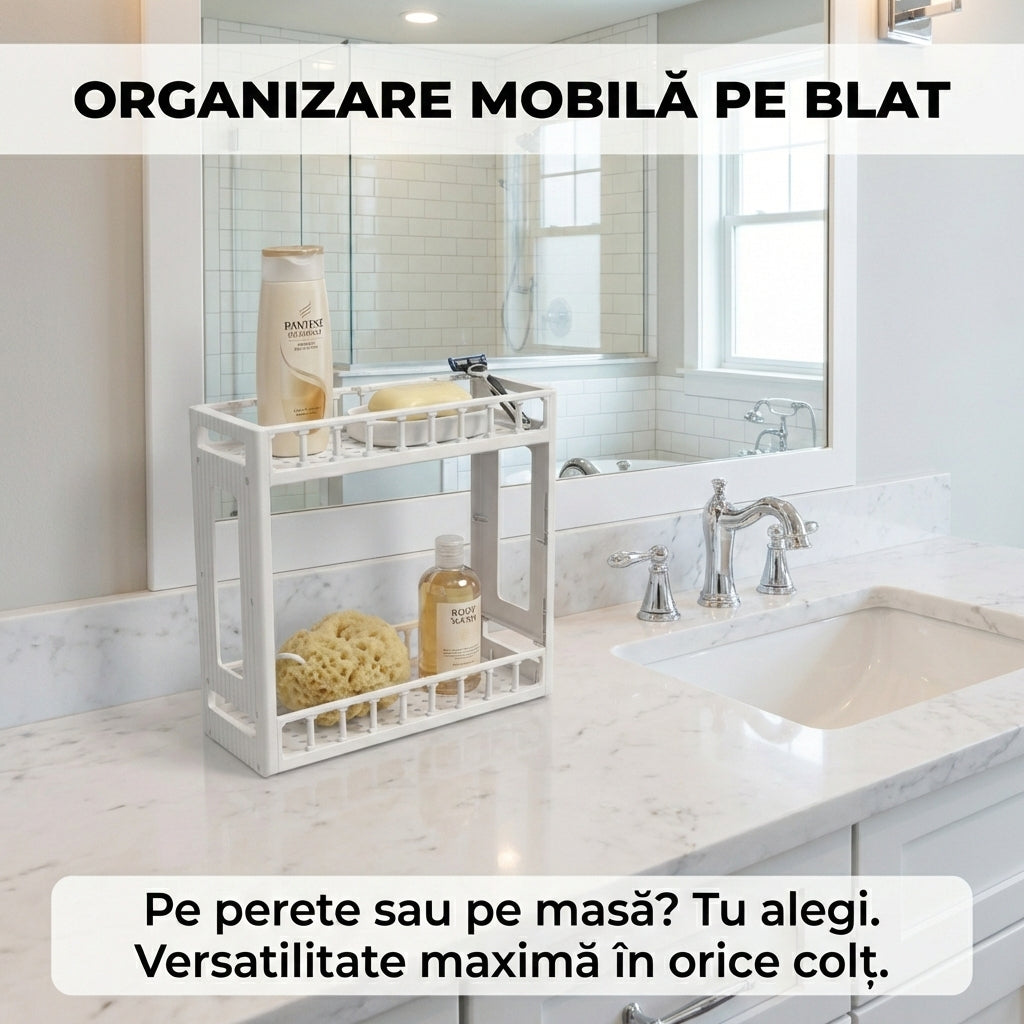 Etajeră de Baie din Plastic cu 2 Niveluri, Organizator Versatil Perete sau Blat, 31x33x11 cm