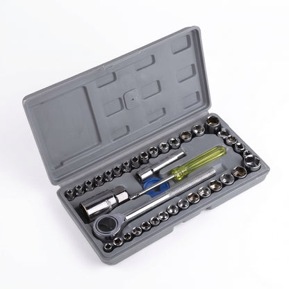 Trusă Chei Tubulare 40 Piese - Set Complet Metric & SAE cu Clichet Reversibil 3/8" și Cutie Transport