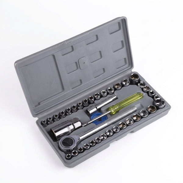 Trusă Chei Tubulare 40 Piese - Set Complet Metric & SAE cu Clichet Reversibil 3/8" și Cutie Transport
