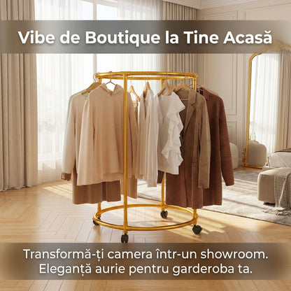 Suport Rotund pentru Haine din Oțel Inoxidabil, Mobil cu Roți Pivotante, 130cm, Auriu