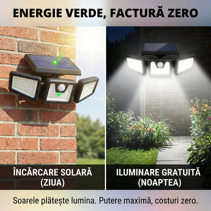 Lampă Solară LED cu 3 Capete Ajustabile, Senzor de Mișcare PIR, 3 Moduri de Iluminare, Impermeabilă IP65