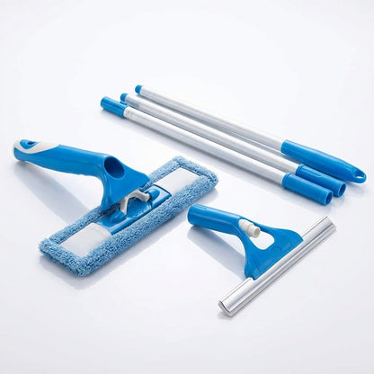 Ștergător Geamuri 2-în-1 Telescopic cu Racletă și Microfibră, Tijă Extensibilă 154 cm, Cap Flexibil, Alb/Albastru