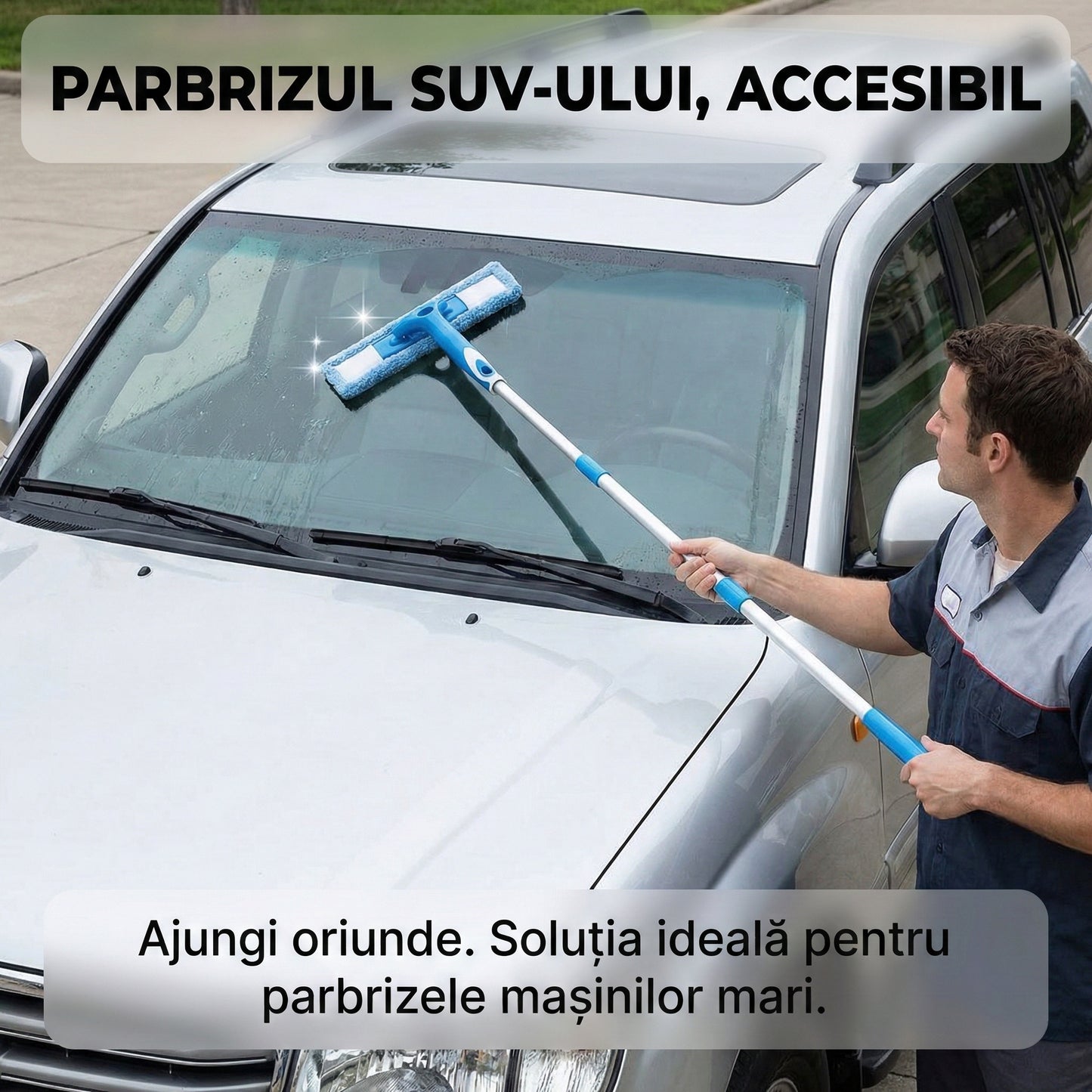 Ștergător Geamuri 2-în-1 Telescopic cu Racletă și Microfibră, Tijă Extensibilă 154 cm, Cap Flexibil, Alb/Albastru