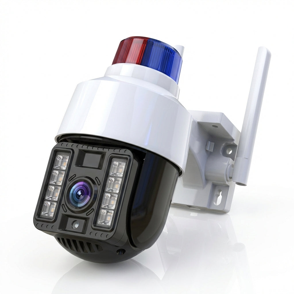 Cameră Supraveghere WiFi Exterior PTZ 5MP cu Sirenă Poliție și Girofar, Rotire 360°, Urmărire Automată, Night Vision Color, V380 Pro