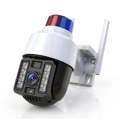 Cameră Supraveghere WiFi Exterior PTZ 5MP cu Sirenă Poliție și Girofar, Rotire 360°, Urmărire Automată, Night Vision Color, V380 Pro