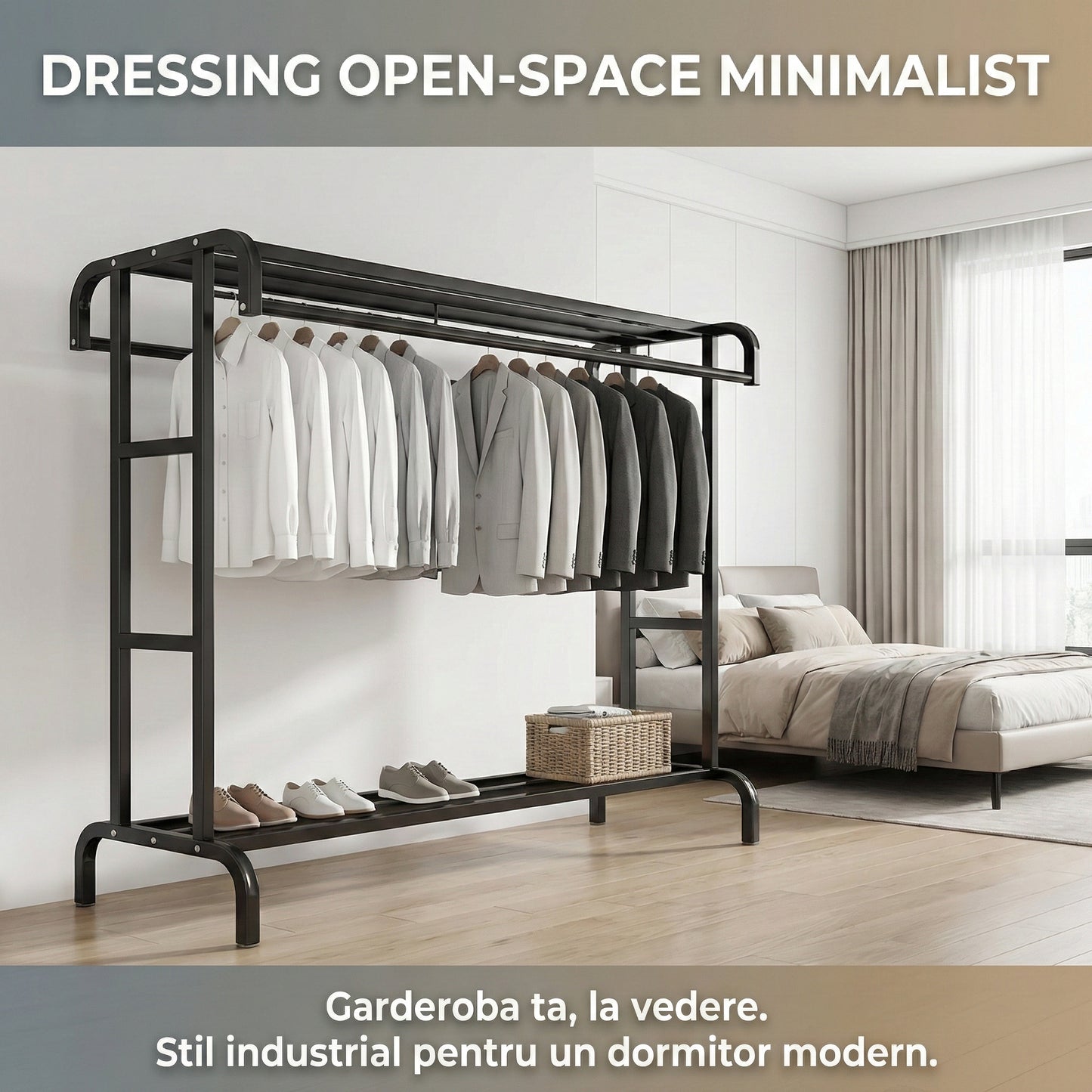 Stender Metalic Vertical pentru Haine și Uscare, Cadru Solid Îngroșat, 150x70x50 cm, Negru