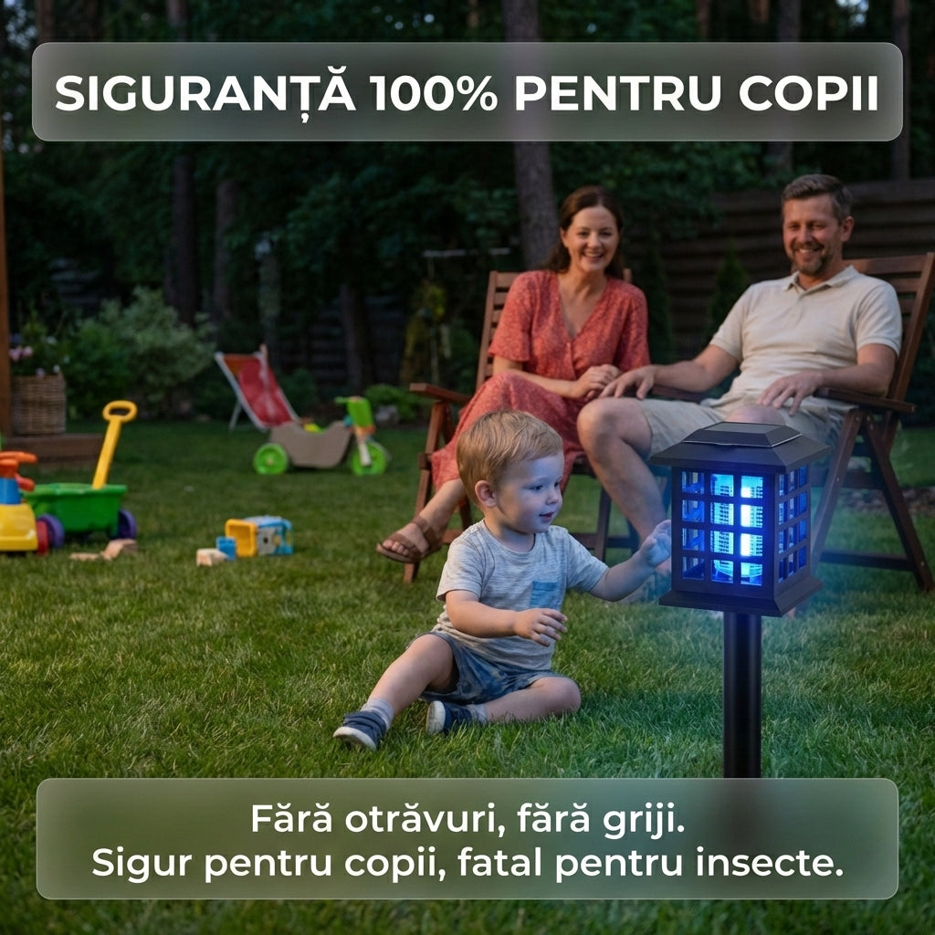 Lampă Solară Anti-Insecte 2-în-1 "Solar Monster Zapper", Lumină UV, Șoc 2800V, Fără Chimicale, Negru
