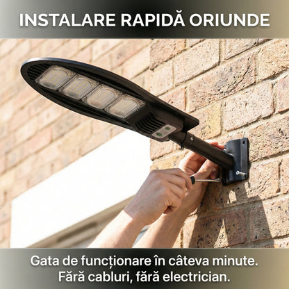 Lampă Solară Stradală LED 400W, 168 LED-uri, Senzor de Mișcare, Telecomandă, 3 Moduri de Iluminare, IP65
