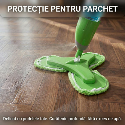 Mop Triplu cu Pulverizator și 3 Capete Rotative, Rezervor 600ml, 3 Lavete Microfibră Incluse, Mâner Ergonomic, Verde/Gri