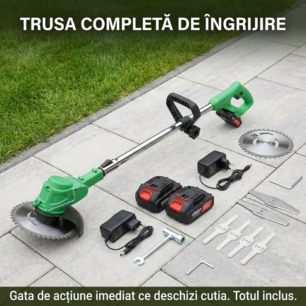 Motocoasă Electrică cu 2 Acumulatori 48V (4000mAh) - Autonomie 4 Ore, Tăiere 300mm & Greutate Redusă (1.2kg)