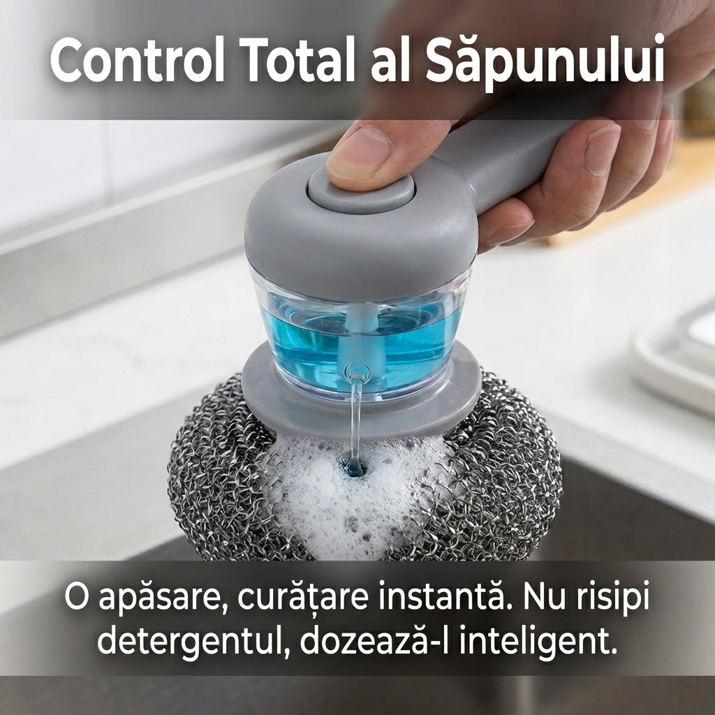 Perie de Curățare Vase cu Dozator Automat de Detergent și Burete din Sârmă de Oțel, Tip Presă